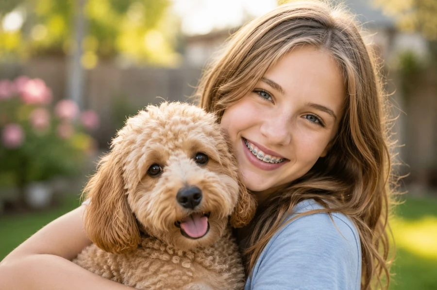 Teenage patient with braces smiling and hugging her dog outdoors