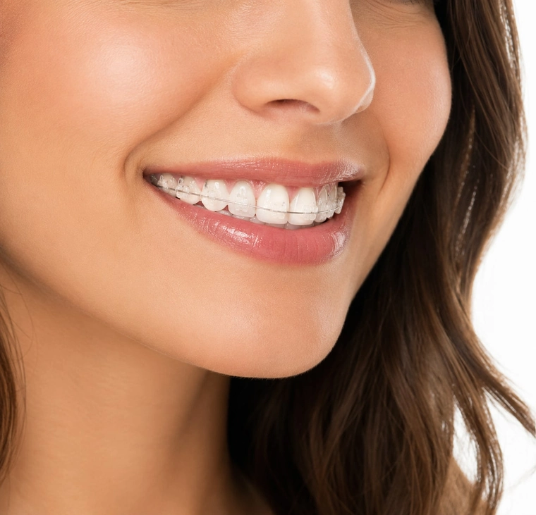 Close-up of a bright smile where the braces are barely noticeable