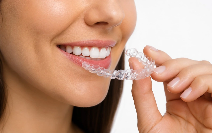 Adult patient smiling while holding a clear aligner tray