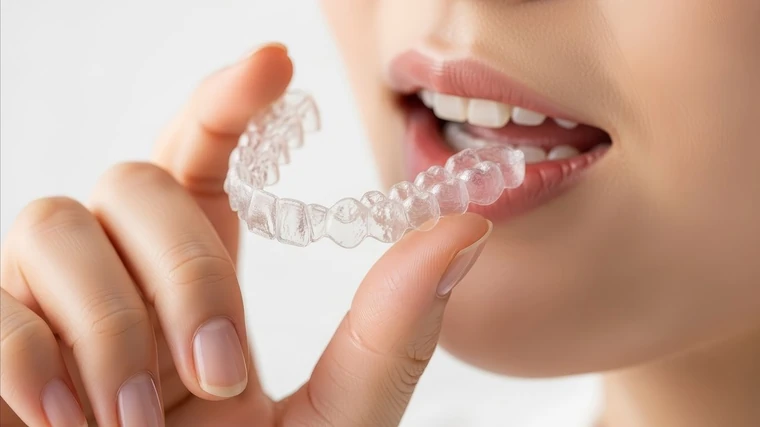 Patient holding a clear removable retainer up to her smile